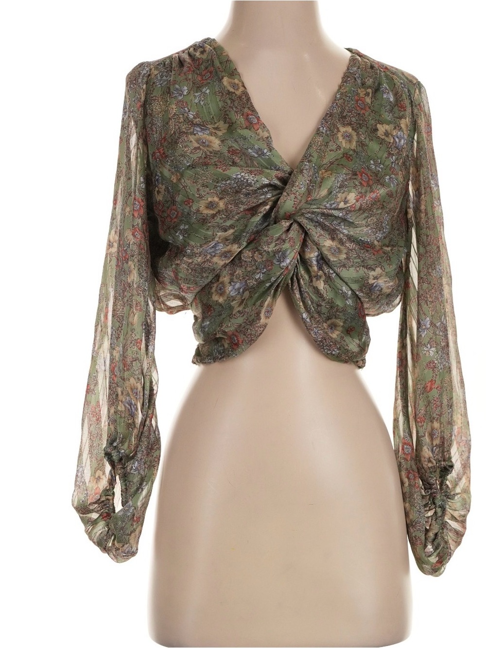 Mustard Seed Olive Green Floral Twist-Front Blouse